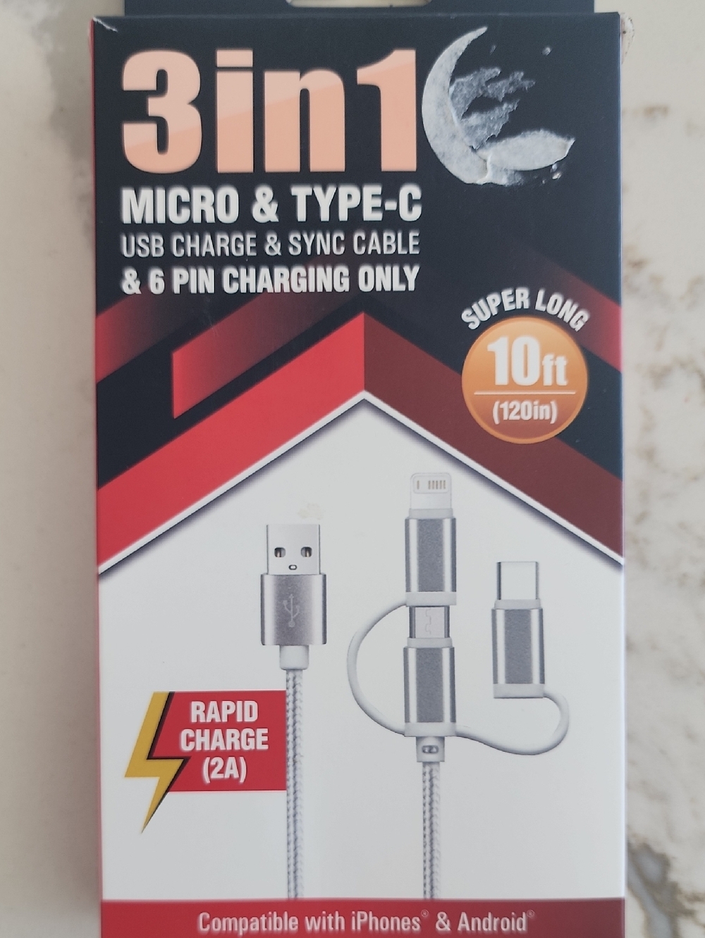 3-in-1 Silver USB to Micro/Type-C/Lightning Fast Charge Cable - 10ft